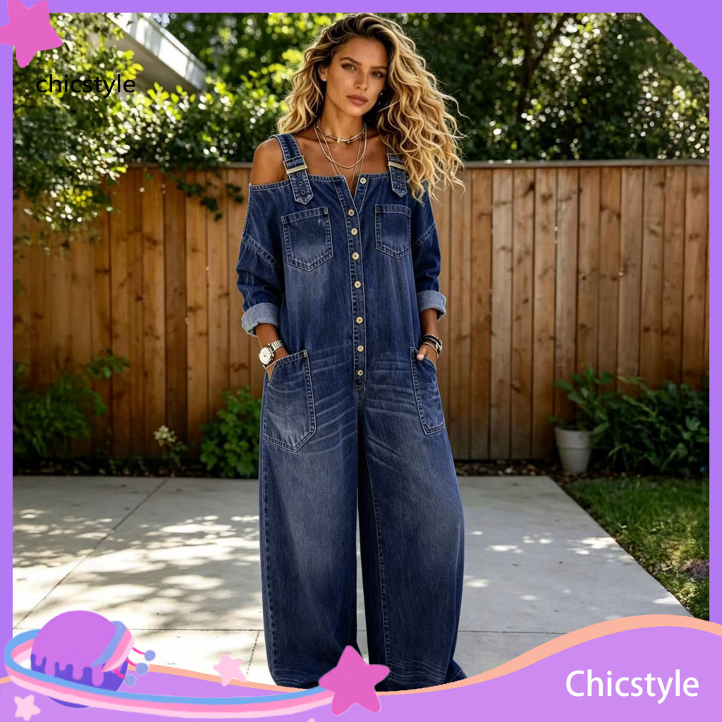 Summer Jumpsuit Loose Denim Pantsuit Women’s – Off Shoulder Long Sleeve Fit Adjustable Straps Wide Leg Button-down R