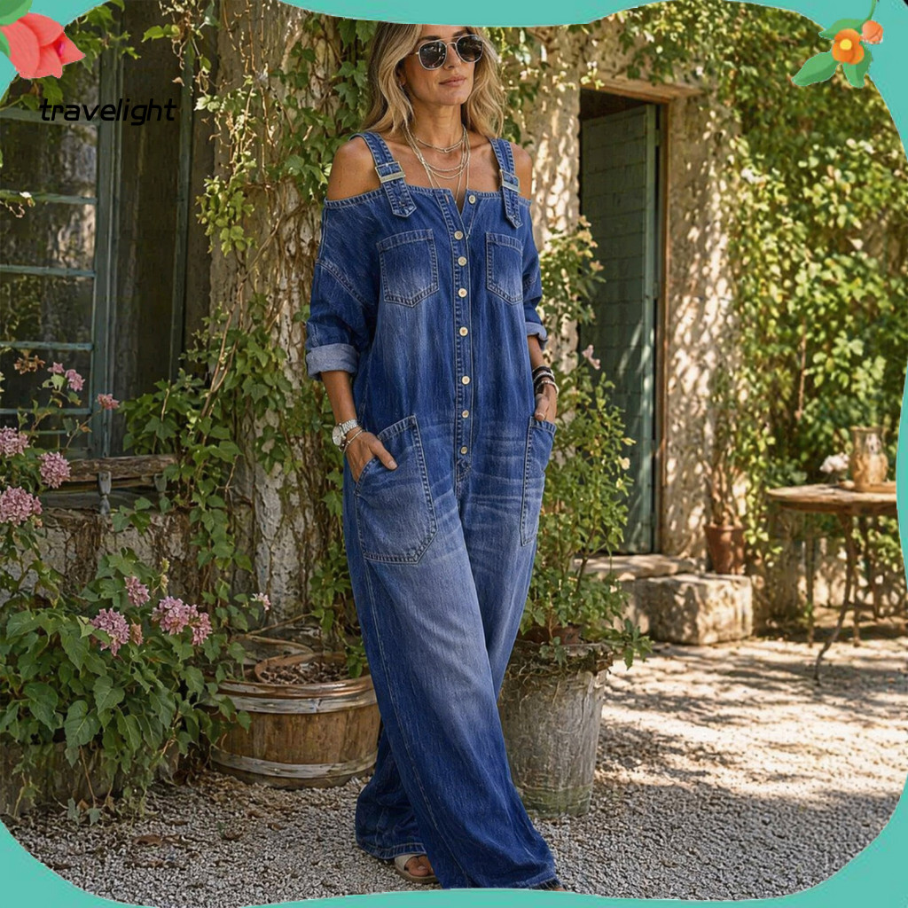Soft Denim Jumpsuit Women Spring Women’s Summer – Off Shoulder Long Sleeve Loose Fit Adjustable Straps Wide Leg Butt