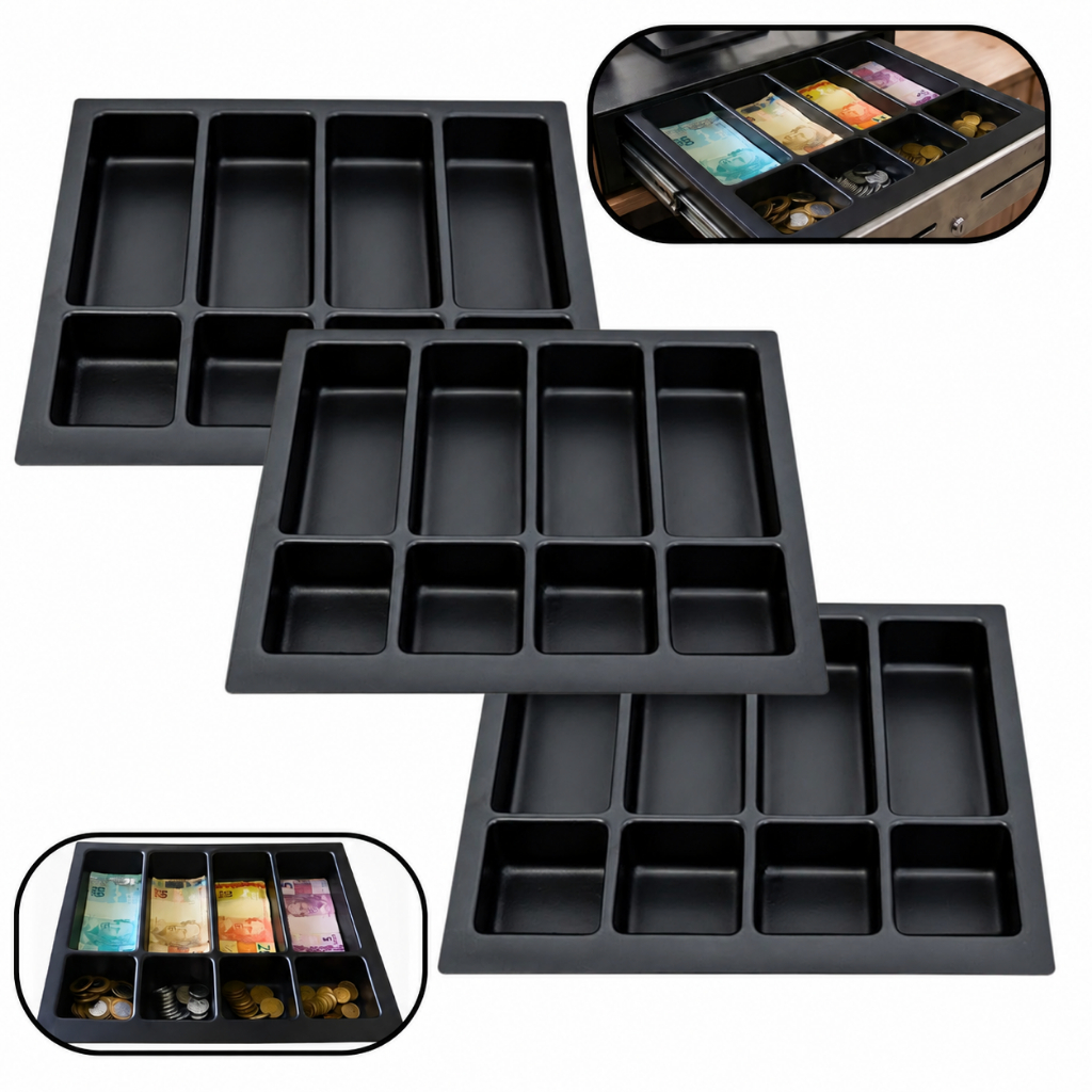 Kit 3 Organizadores De Dinheiro Para Comércio Bandeja Gaveta Troco Niqueleira 33,5x29x5cm