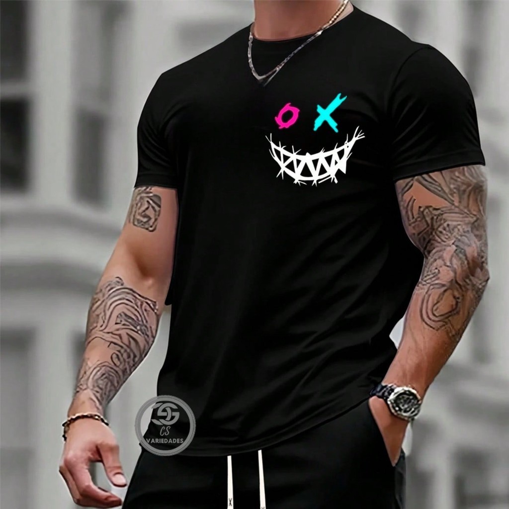 Camiseta Masculina  Sorrisso Halloween Sad Streetwear Malha Algodão 31.0 Penteada Costura Reforçada Linha Premium