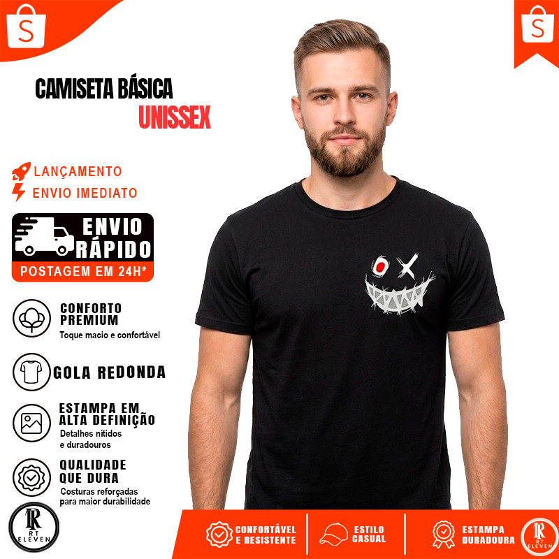 Camiseta Masculina  Sorrisso Halloween Sad Streetwear Malha Algodão 31.0 Penteada Costura Reforçada Linha Premium