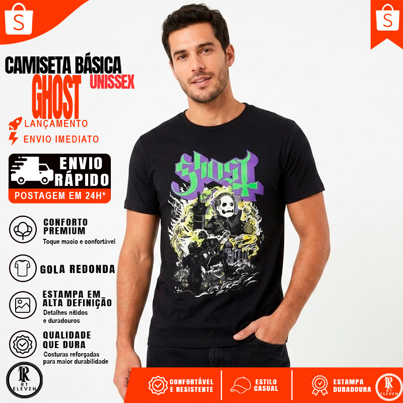 Camiseta Ghost Heavy Metal Banda De Rock Camiseta Unissex Malha 100% Algodão Penteada Linha Premium  Plus Size