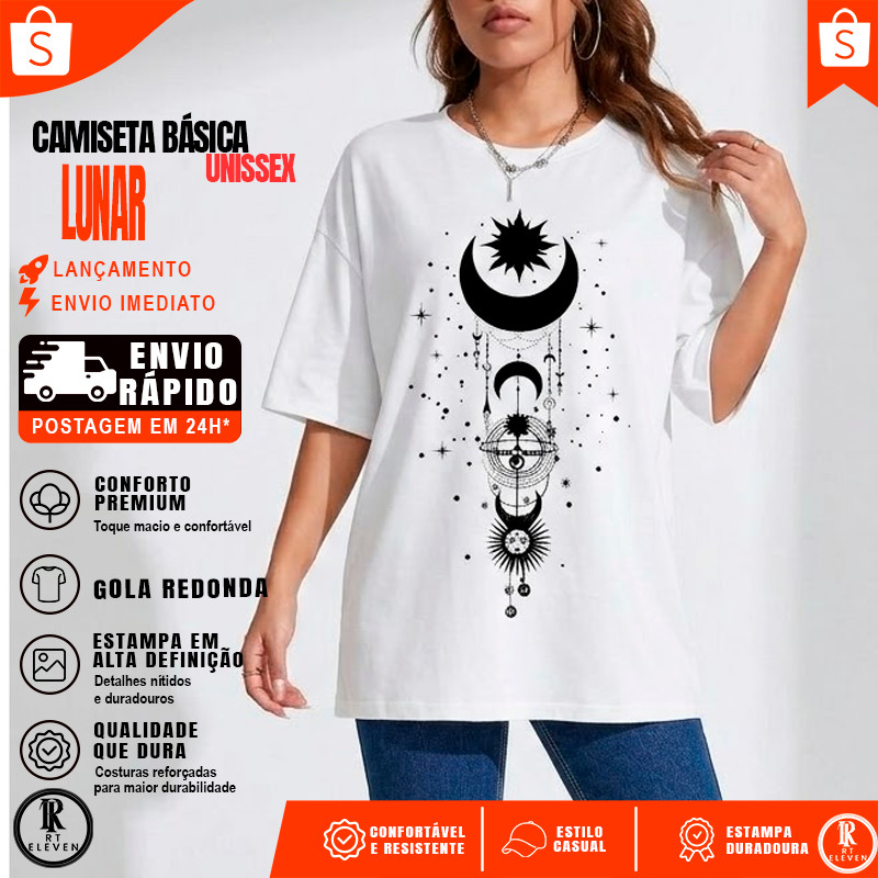 Camiseta Feminina estampa lunar Confortável Leve Malha 100% Algodão Penteada Linha Premium Moda Casual Treino Academia