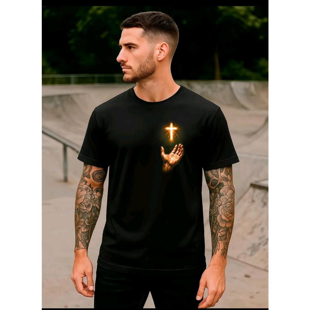 Camiseta Cruz iluminada com a mão estampada religiosa streetwear unissex preta algodão 30.1 penteada linha cristã Igreja