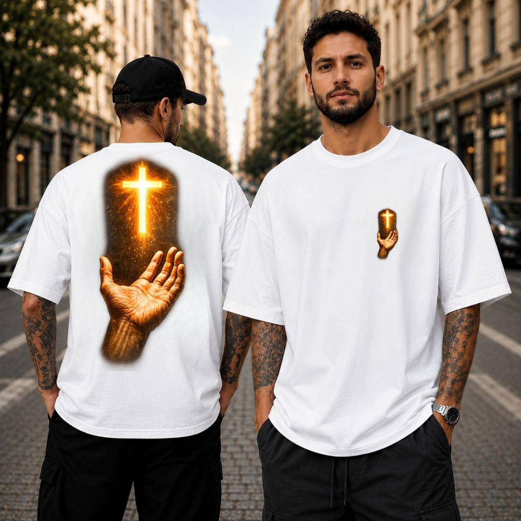 Camiseta Cruz Iluminada com Maos Estampa Religiosa Premium Masculina Feminina Algodão 30.1 Penteado Linha Crista Católic