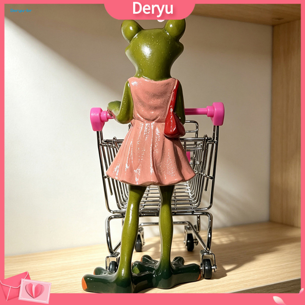Cute Frog Ornament Kawaii Tabletop Ornaments Pink Dress Resin Figurine with Mini Shopping Trolley – Small Desk Organiz