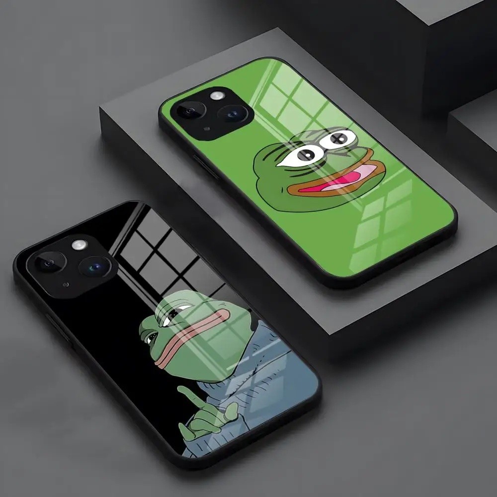 Capa de Telefone Engraçada BK-1 - Pepe Frog para iPhone 16 15 14 Pro 11 13 12 Mini 6 8 7 Plus SE, Design de Luxo em Vidr