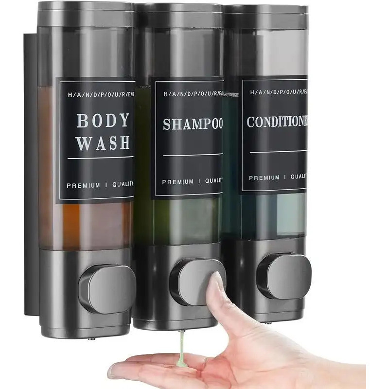 Shampoo and conditioner dispenser，Liquid soap dispenser，Unisense，Three-compartment wall-mounted shampoo dispenser，Transp