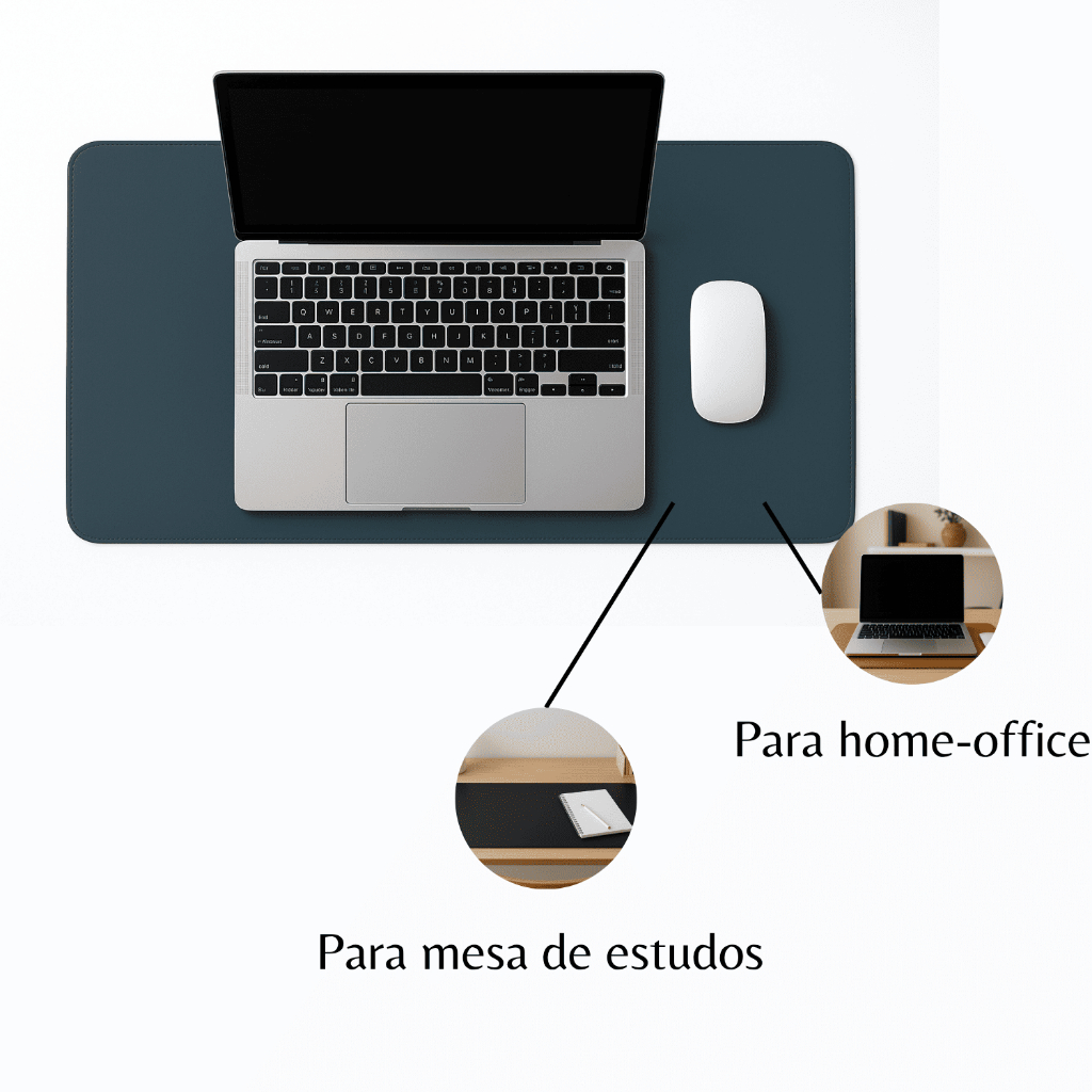Desk Pad Grande Couro Azul Oceano Feltro Costurado Básico