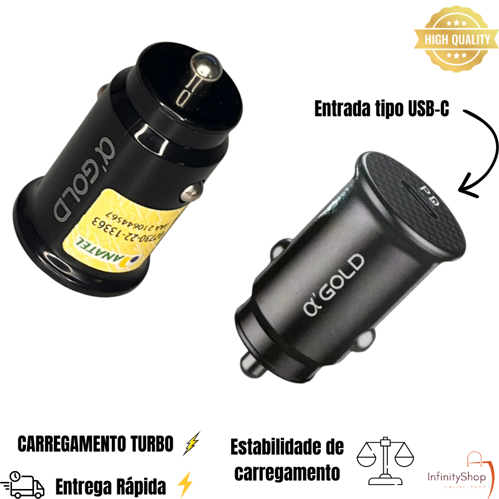 Carregador Veicular Turbo 30W α’GOLD CJ03-4 USB-C Fast Charge PD QC3.0 para Carro 12V/24V