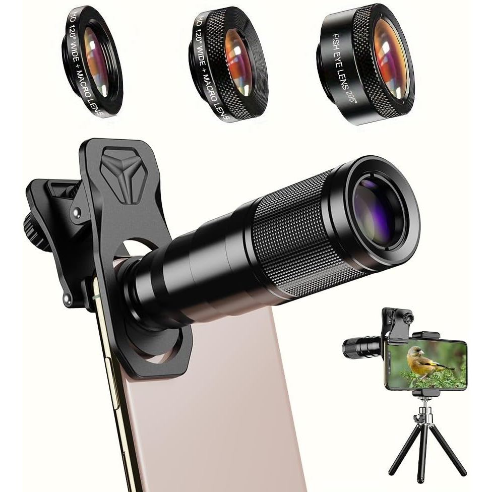 APEXEL 6 in 1 Phone Lens Kit - 22x Telephoto Lens, 205° Fisheye Lens, 120° Wide Angle Lens & 25X Macro Lens(Screwed Toge