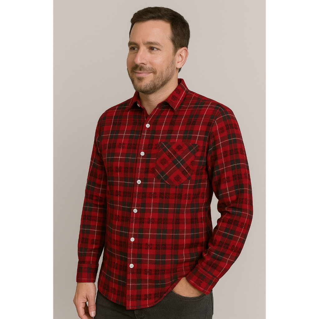 Camisa Masculina Flanela Social Manga Longa Xadrez Lenhador Bom Pano Vermelho/Branco