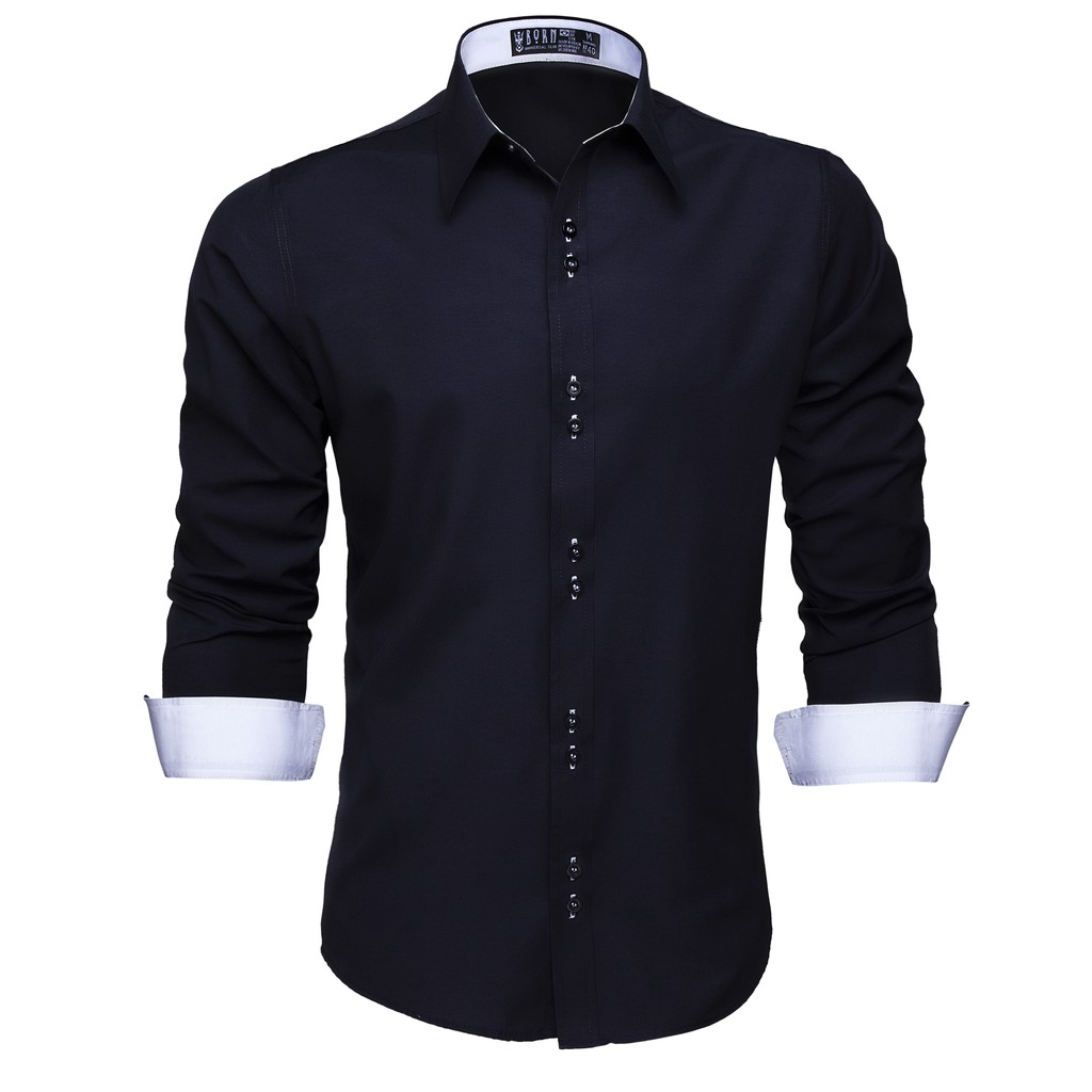 Camisa Social Masculina Slim Manga Longa Preta com Detalhes Brancos Fácil de Passar