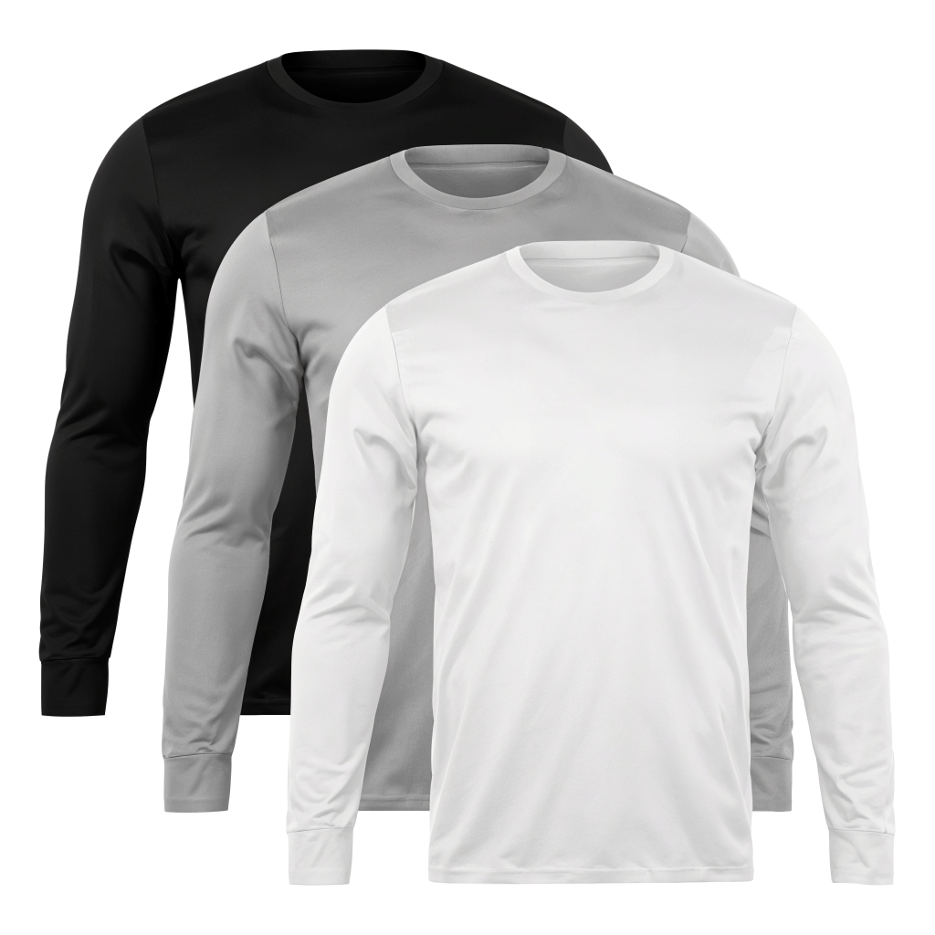 Kit 3 Camiseta Masculina Manga Longa Malha Fria Preto Cinza e Branco Treino Academia Festa Casual Blusa de Frio Inverno