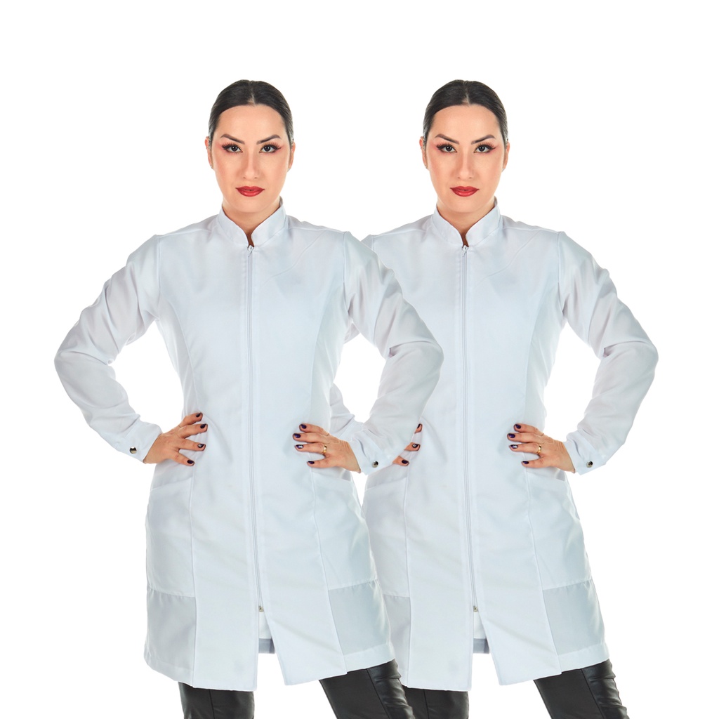 Kit 2 Jalecos Feminino Oxford Zíper Manga Longa Branco Médica Veterinária Dentista Esteticista Clínica