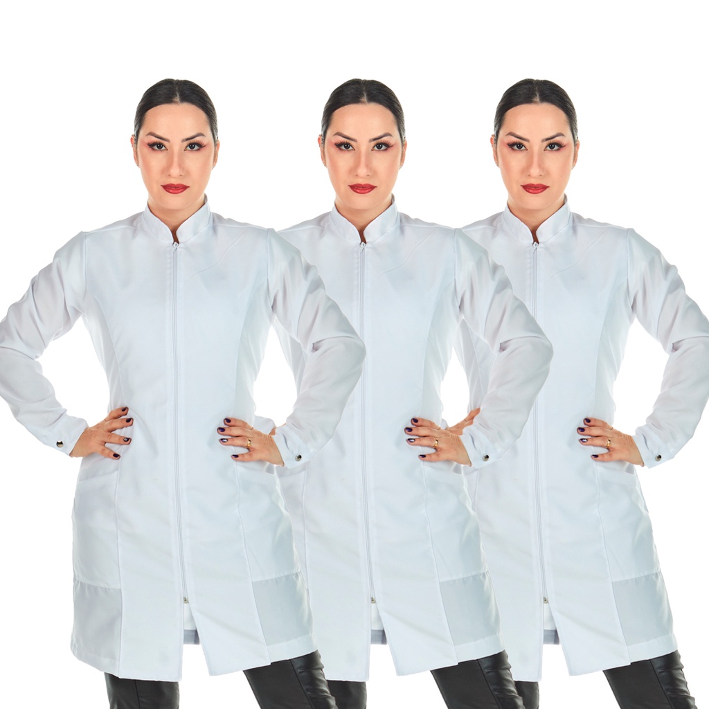 Kit 3 Jalecos Oxford Branco Zíper Manga Longa Dentista Médica Veterinária Estética