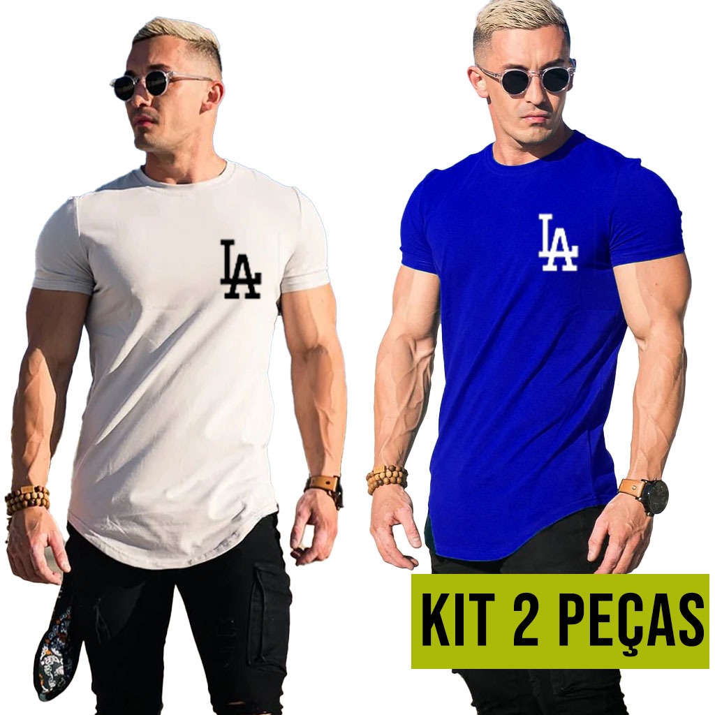 Kit 2 Camisa Camiseta Masculina Longline Blusa Algodão StreetWear USA Preto Branco Long