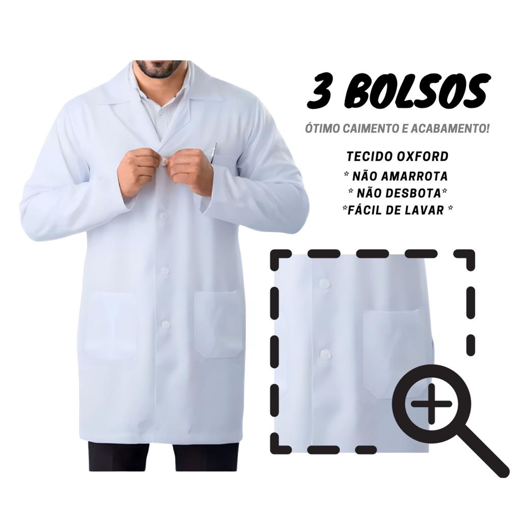 JALECO ML Masculino Manga Longa Em Oxford Branco Preto Medicina