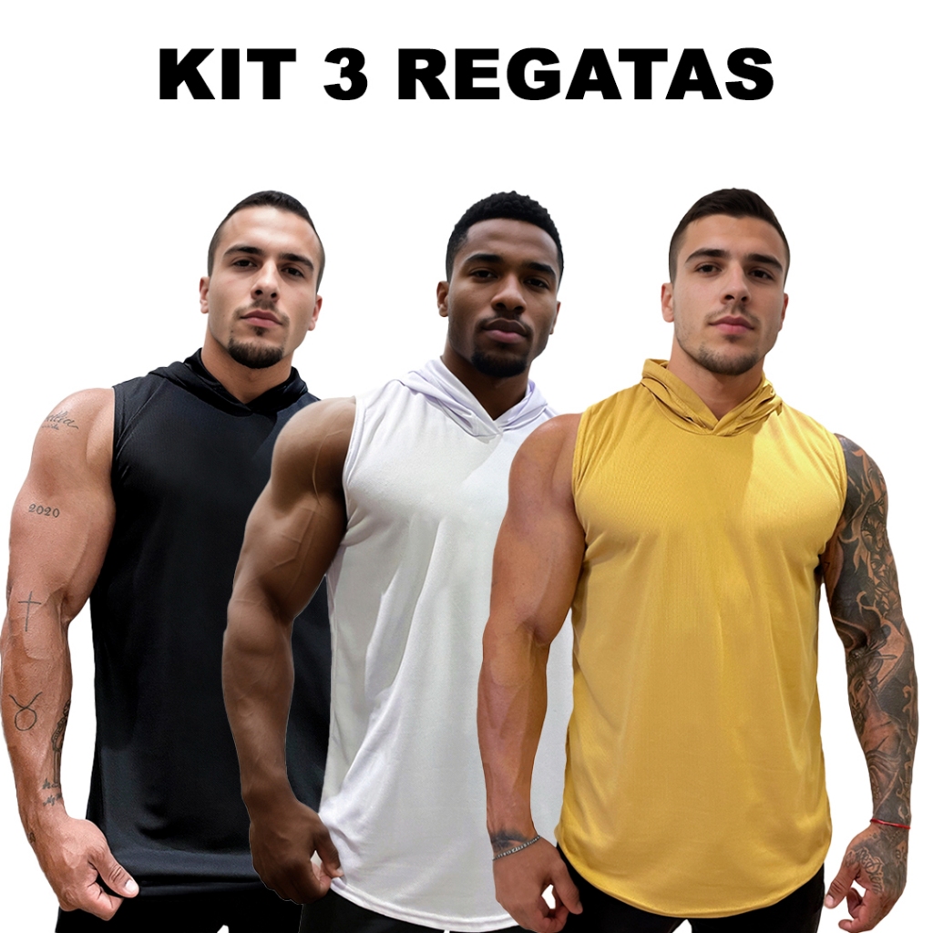 Kit 3 Regatas Preto + Branco + Cores Dry Masculina Long com Capuz Básica Lisa Sem Estampa