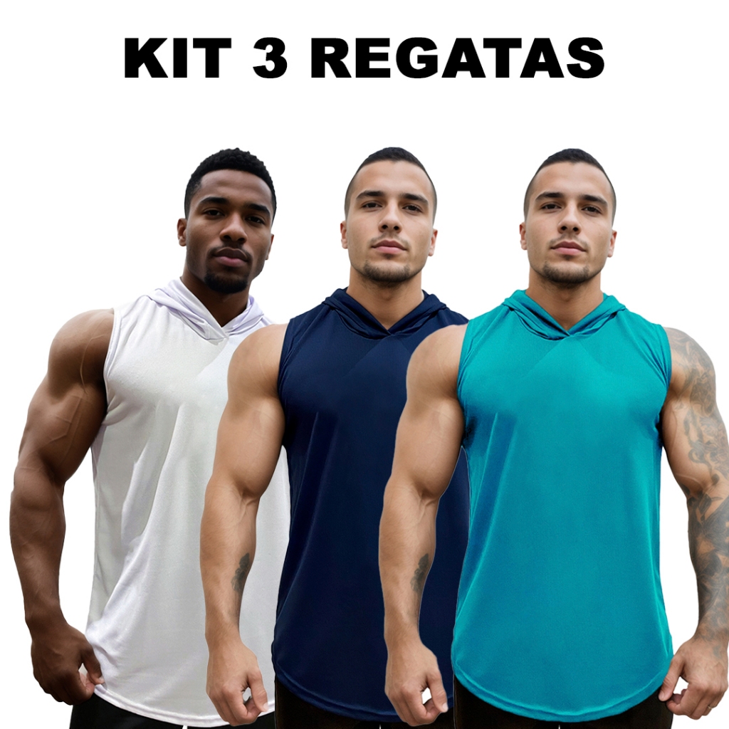 Kit 3 Regatas Branco + Marinho + Cores Dry Masculina Long com Capuz Básica Lisa Sem Estampa