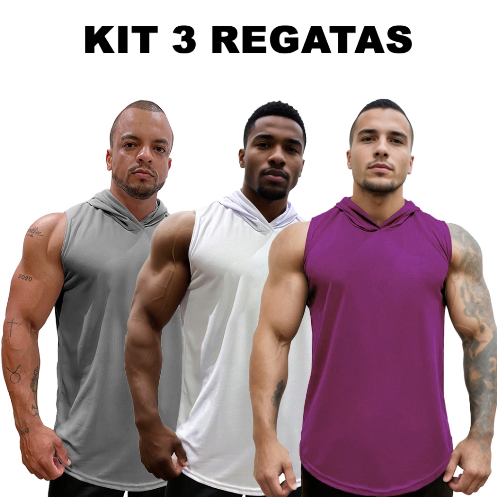 Kit 3 Regatas Branco + Metal + Cores Dry Masculina Long com Capuz Básica Lisa Sem Estampa