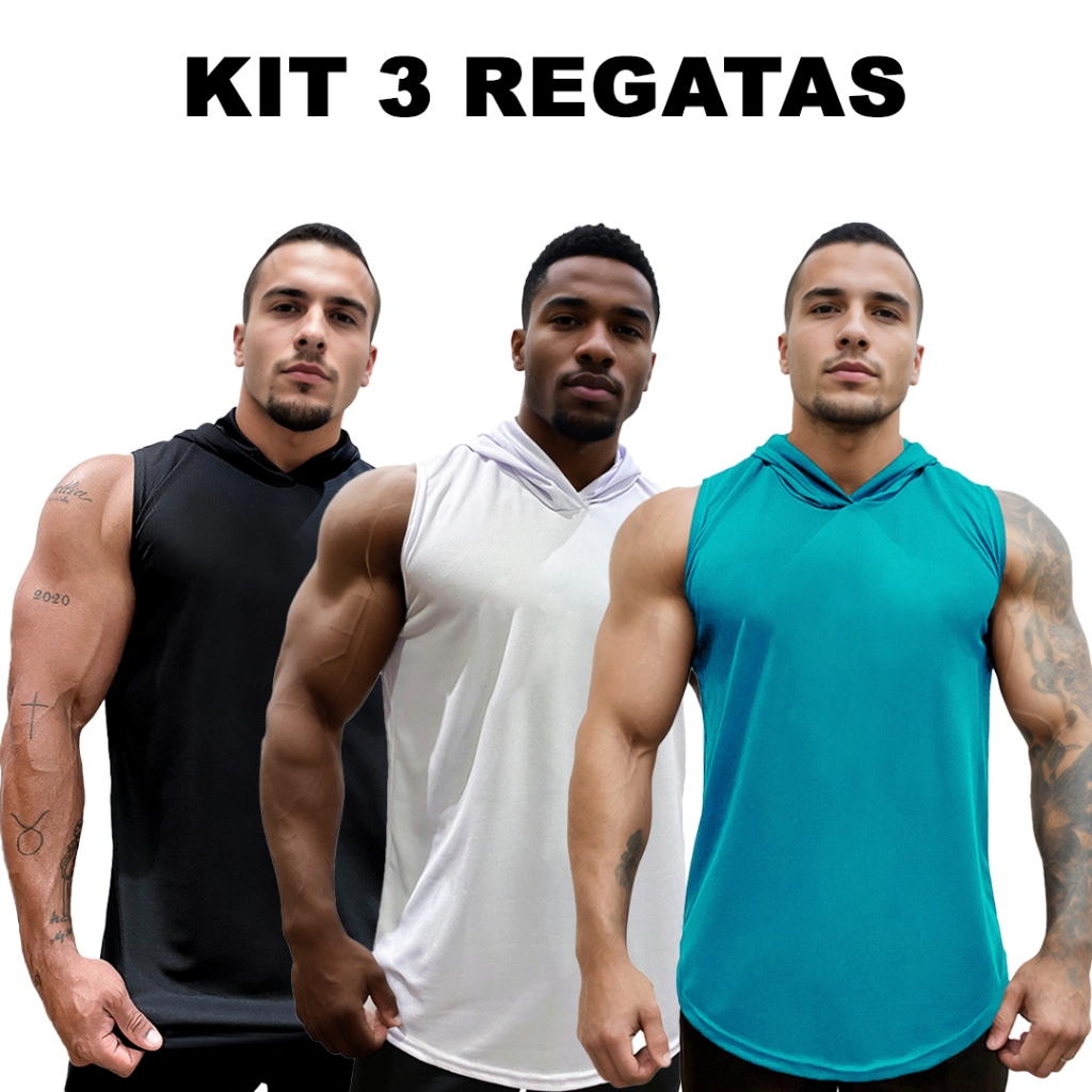 Kit 3 Regatas Preto + Branco + Cores Dry Masculina Long com Capuz Básica Lisa Sem Estampa