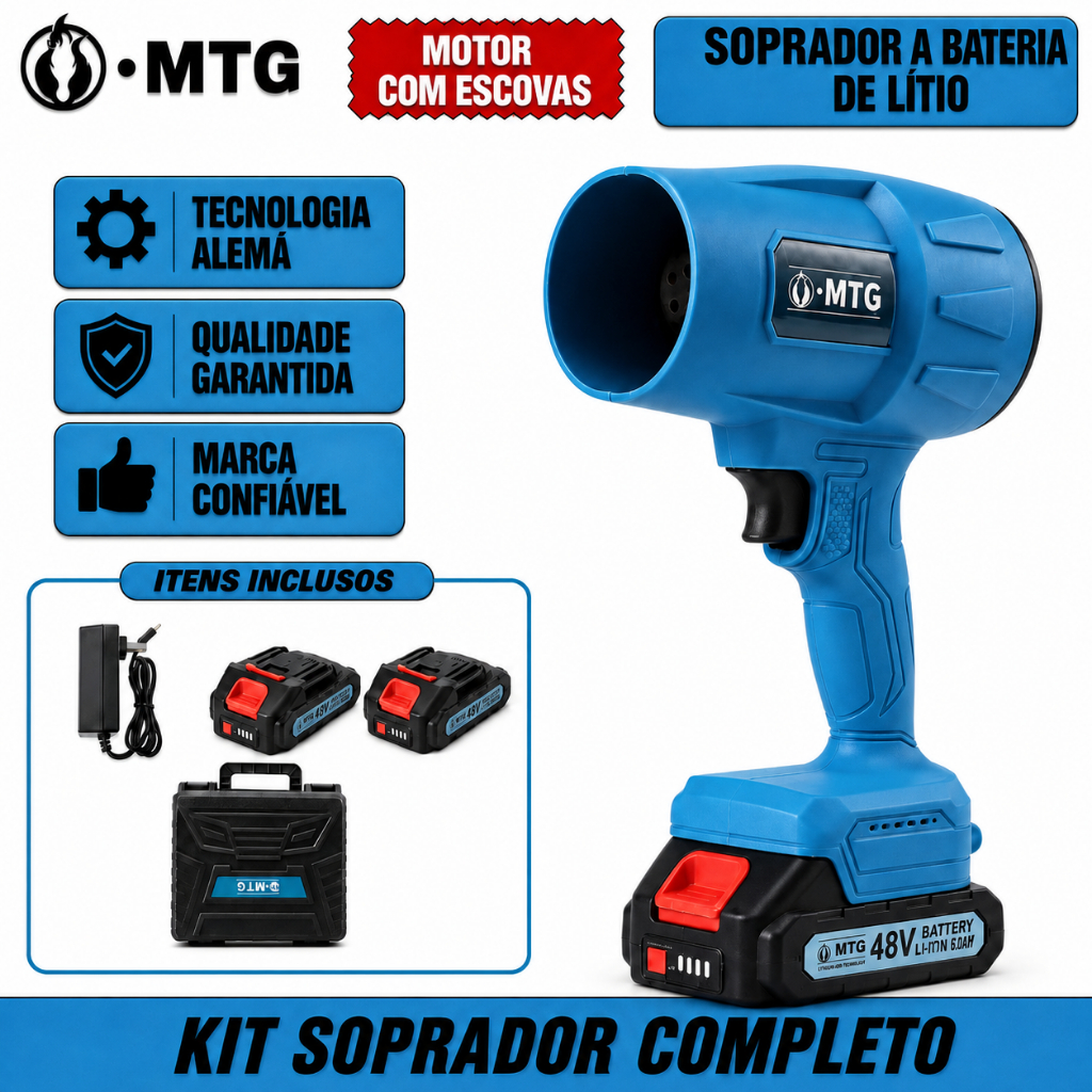 Soprador de Folhas Turbo Brushless 48V Portátil - Kit 2 Baterias Recarregáveis Alta Potência