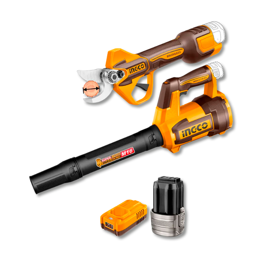 Combo Soprador e Tesoura de Poda Ingco Brushless 25mm com 2 Baterias 2Ah Poda de Galhos e Limpeza