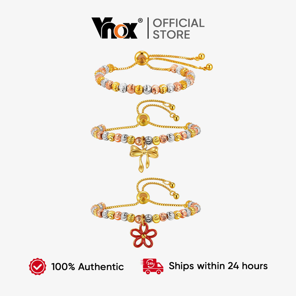 Pulseira Ajustável Vnox Tri Color Flower Bow Bead Para Mulheres E Meninas , Dourada Diária Antidesbotamento Joias