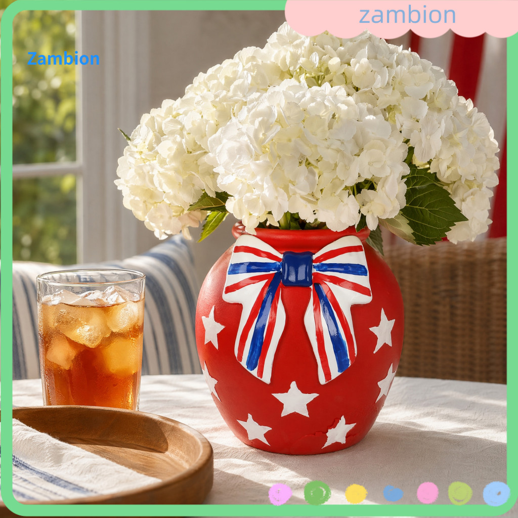 Unique Decorative Planter Plant Pot Independence Day Resin Vase 4th of July White Blue Patriotic Flower Container Bow De