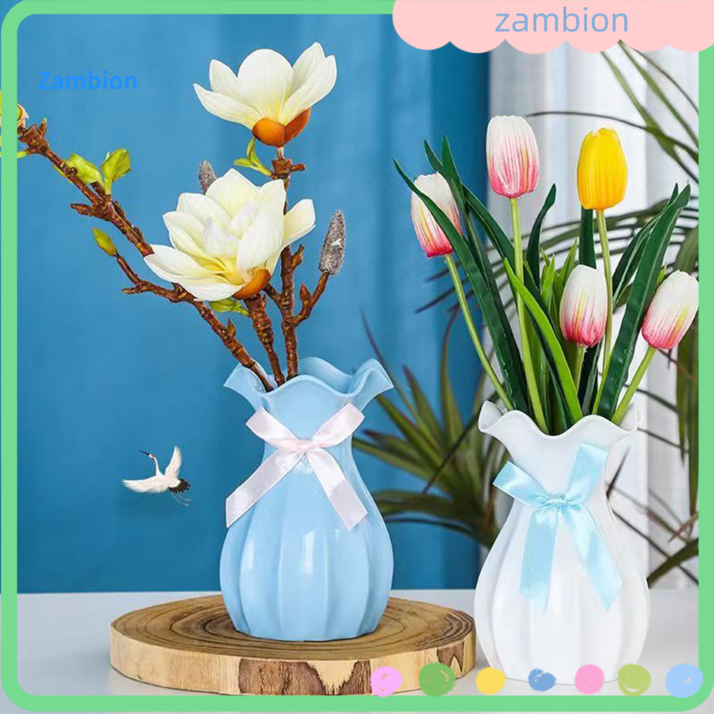 Plastic Vase for Flowers Durable Decorative Shatterproof Light Flower with Mouth and Bow – Dried Holder for Bedroom Ro