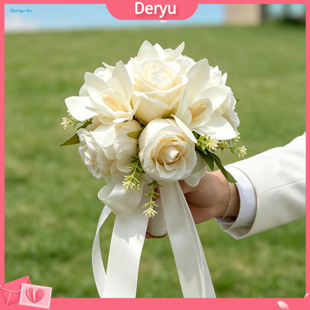 White Bridesmaid Bouquet Artificial Flower Bridal Wedding Realistic Rose Magnolia with Ribbon Bow for Bride for