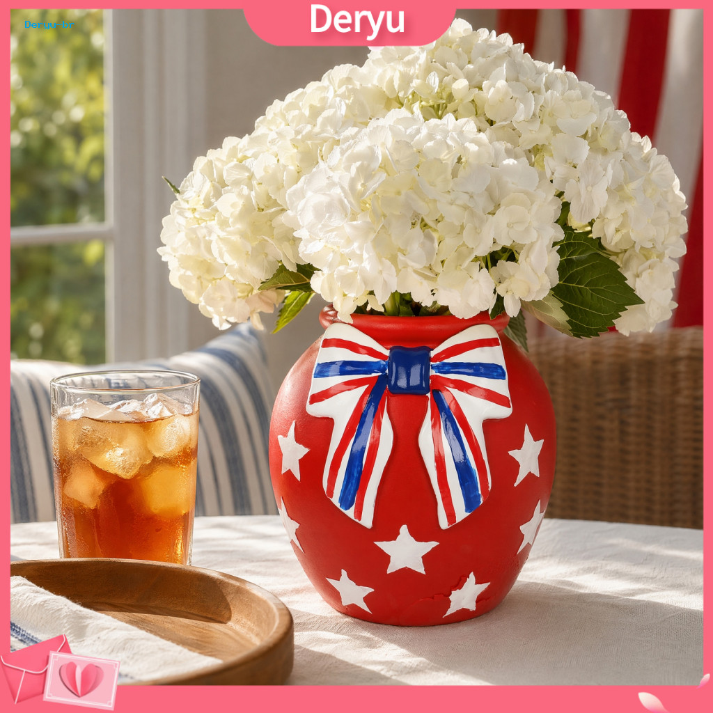Decorative Plant Pot Playful Indoor Independence Day Resin Vase 4th of July White Blue Patriotic Flower Container Bow De
