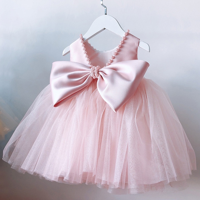 WFRV Baby Girl Dress Pearls Dresses Big Bow 1st Birthday Party Dress TulleBaptism Flower for Weddding
