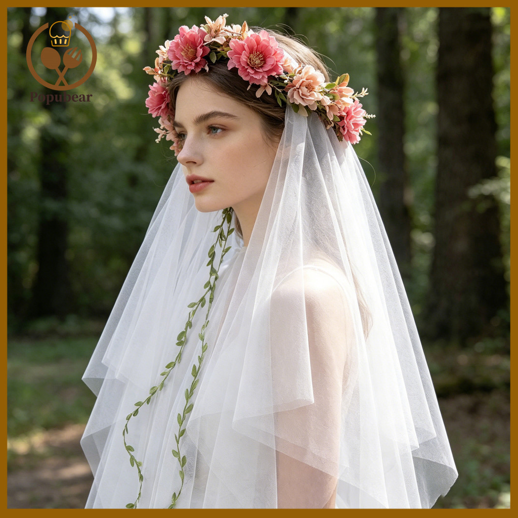 Children Wedding Headband Bow Bridal Veil White Tulle with Bows Flowers Lightweight Breathable Hair Accessory for Girls