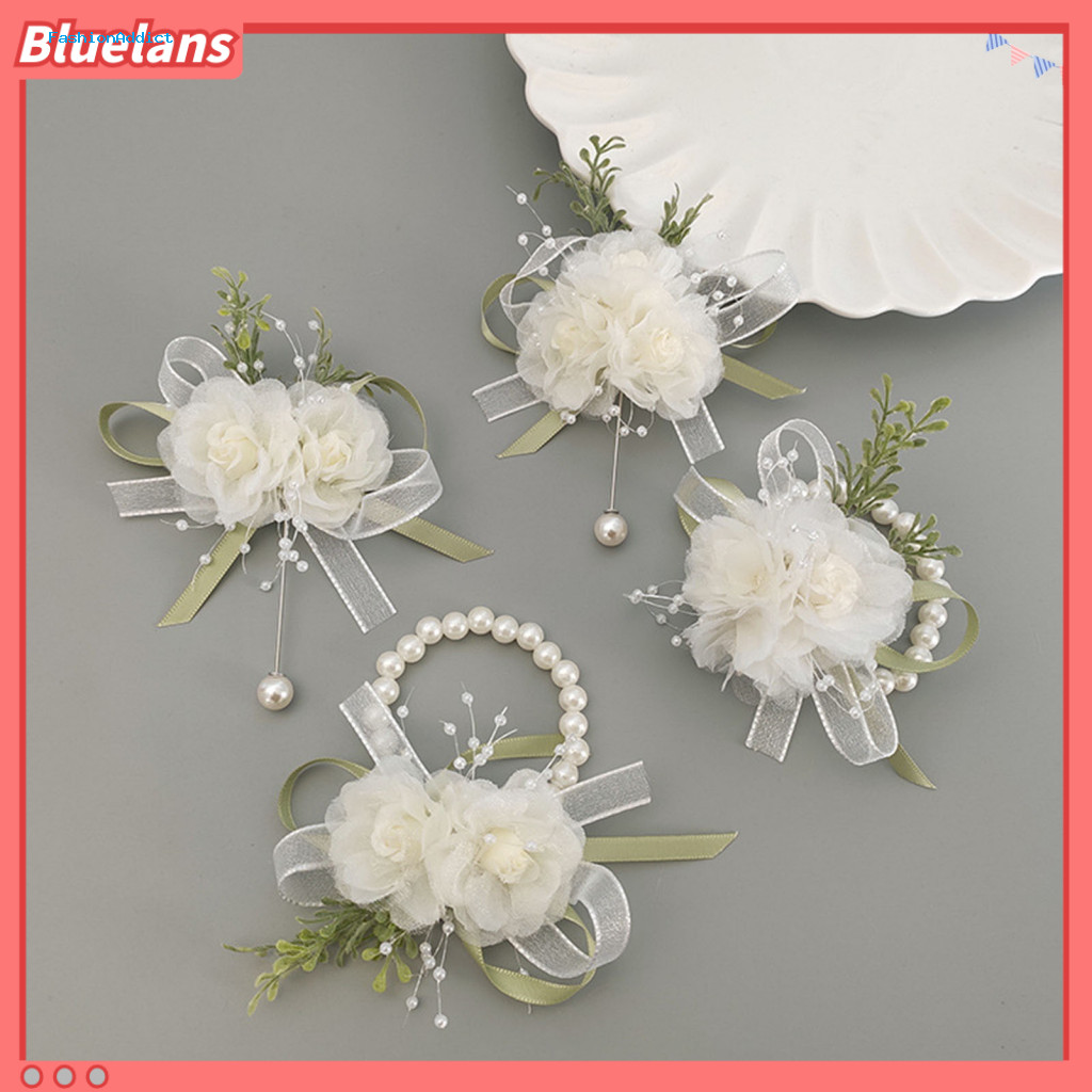 Wedding Wrist Bracelet Bride Corsage Forest Style Faux Pearl Tassel Bow Floral for Bridesmaid Party Decoration