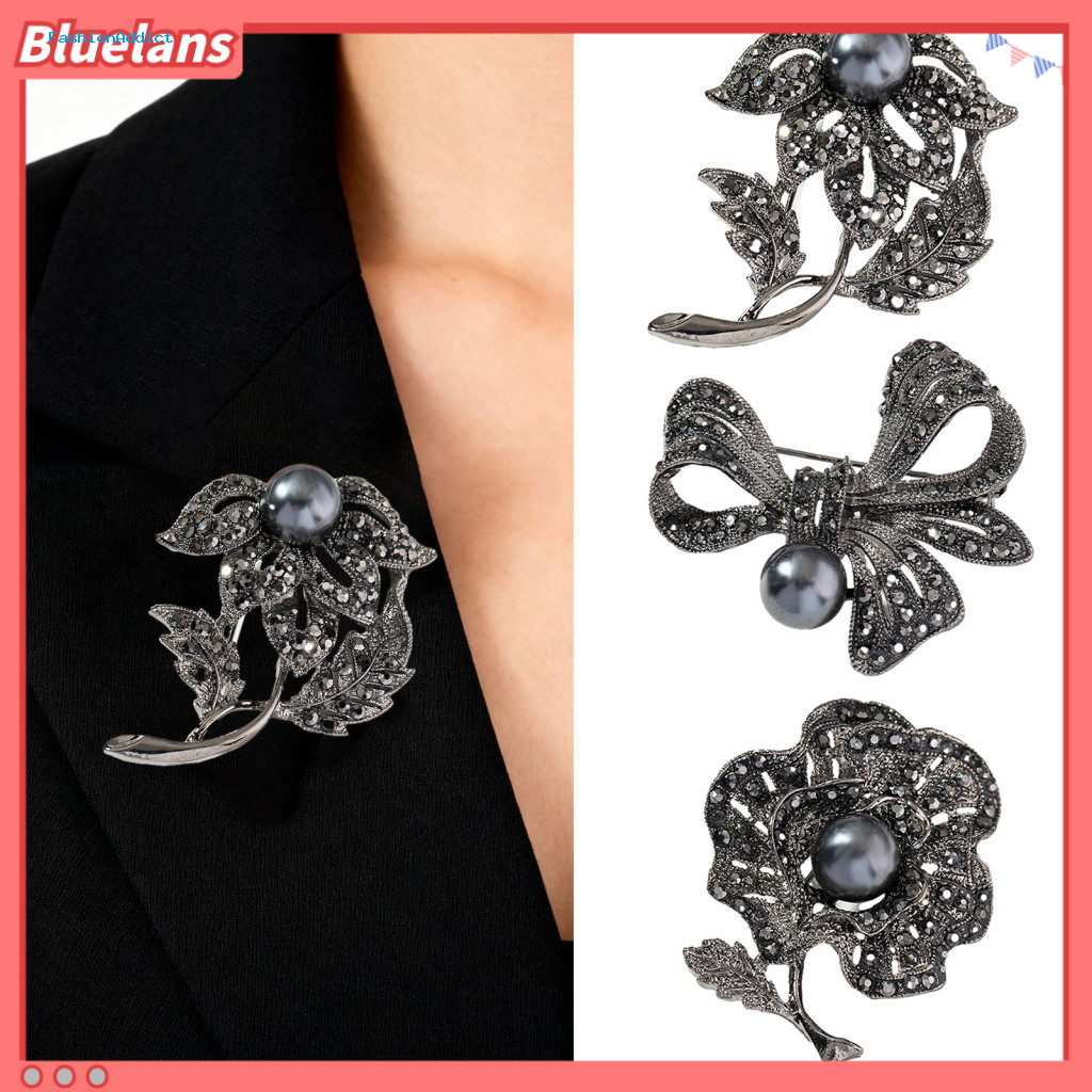 Vintage Brooch Hat Accessory Pin Retro Rhinestone Bow with Black Faux Pearl Flower – Elegant Lapel for Women’s Sweat