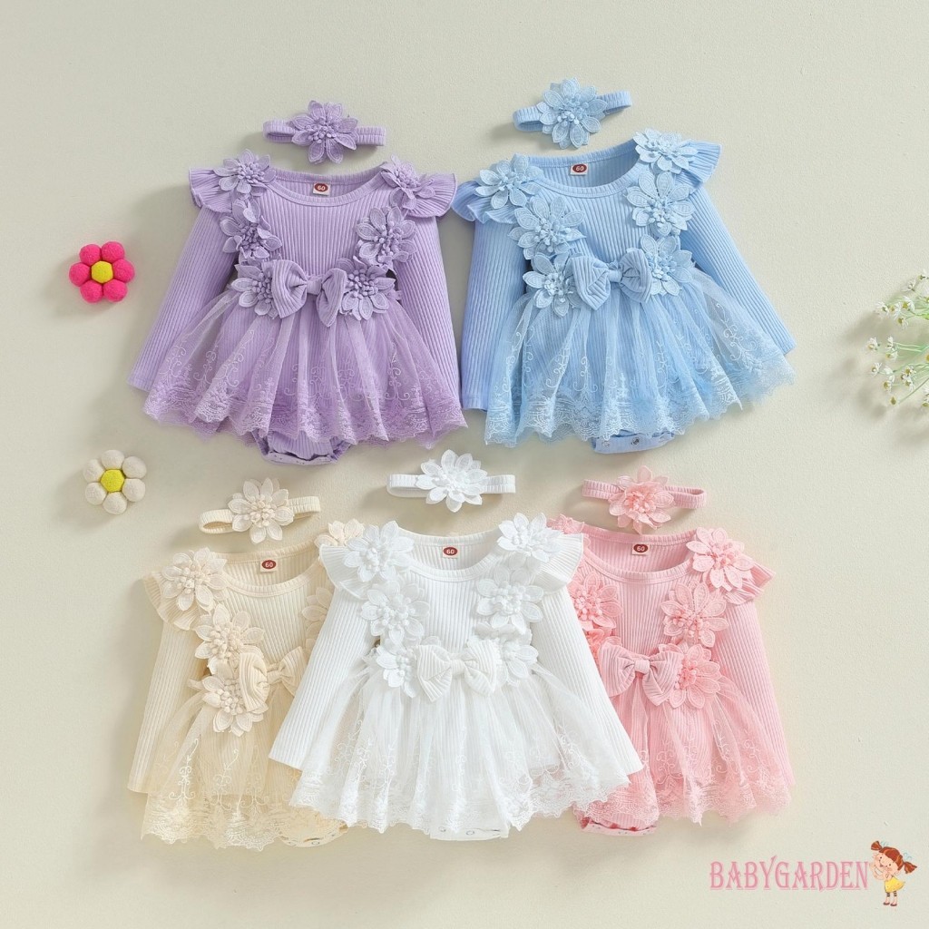 BAGA-Baby Girls 3D Flower Bow Manga Comprida Vestido De Malha Macacão/Bandana/Infantil Adorável Roupas De Outono Com Ner