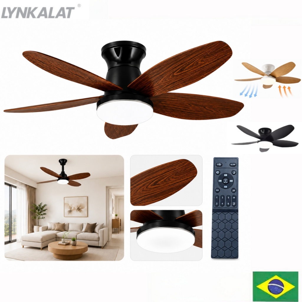 LYNKALAT Ceiling Fan with Light and Remote Control CC Motor Bivolt Silent 3 Colors for Apartment