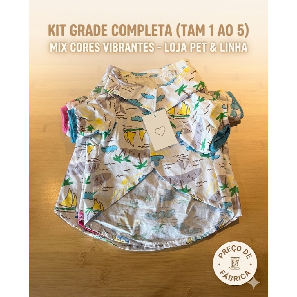 Kit Atacado 5 Camisas Pet Estampa Verão - Grade Completa 1 ao 5 - Revenda Direto da Fábrica