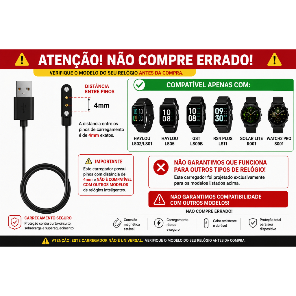 Carregador Cabo USB Smartwatch Original W26 HW16 HW12 IWO 12 Lite  Haylou Solar LS05 LS02 Haylou GST