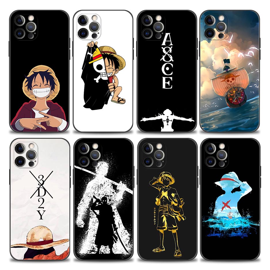 Capa De Silicone Macia Preta Anime One Piece Luffy Ace Para iPhone 11 12 13 Pro Max Mini