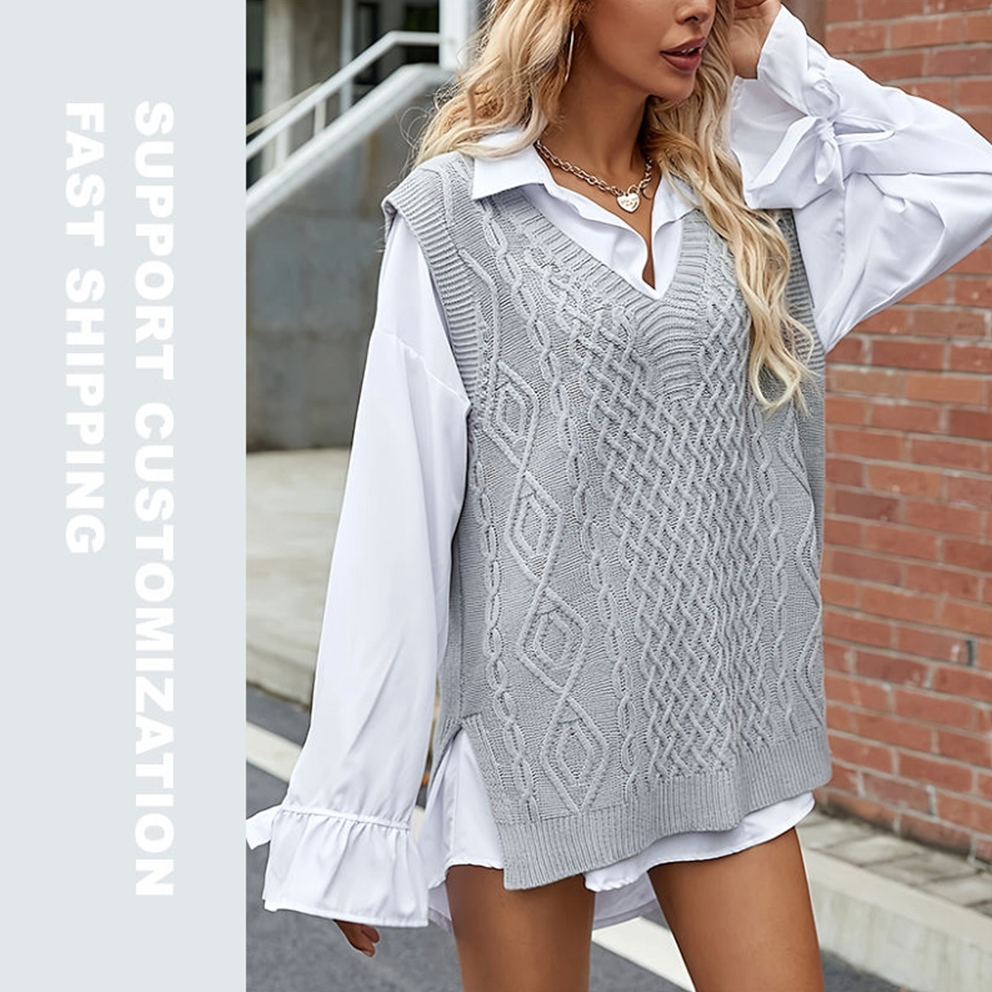 Camisola solta malhas colete simples moda comprimento médio All-Match cor sólida colete com decote em V pulôver sem mang