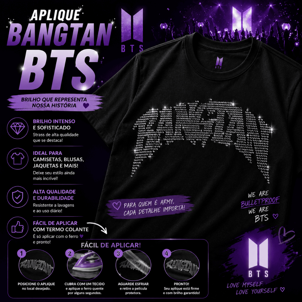 Aplique Strass BTS BANGTAN Kpop Termocolante HotFix Camisa Jaqueta Camiseta Cristal Alta Qualidade