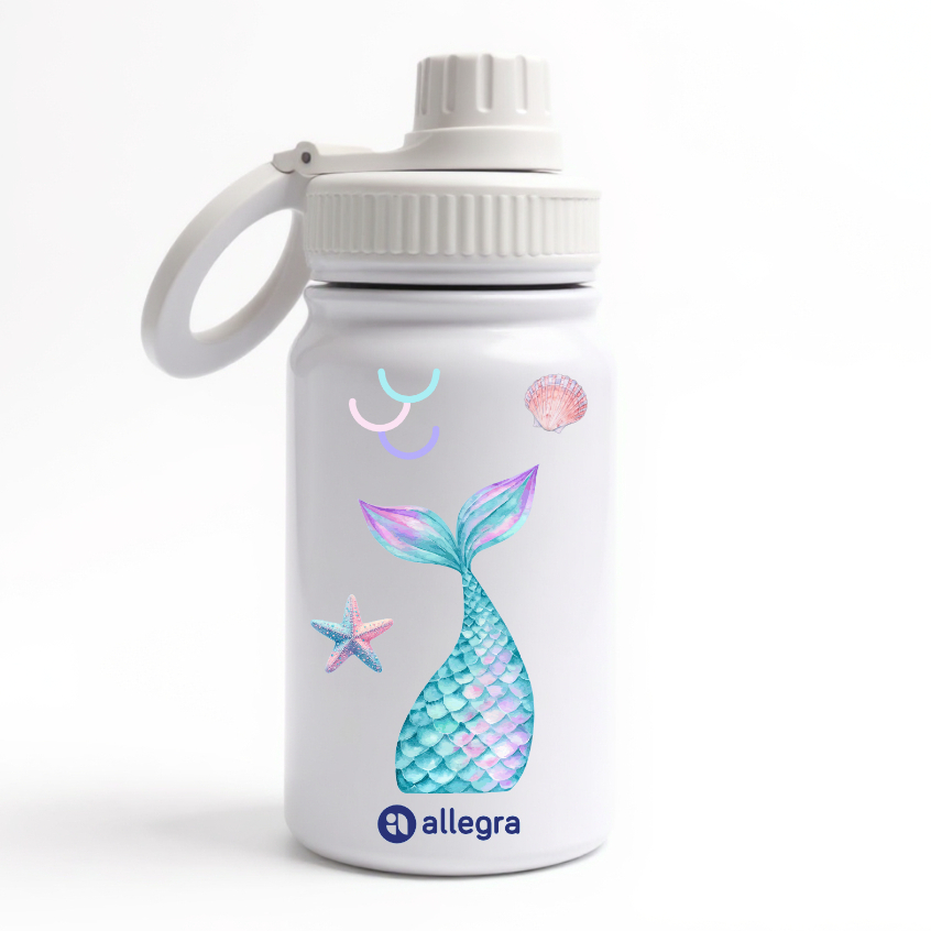 Garrafa Térmica 350ml Personalizada Sereia Fundo do Mar Menina Escola Bolsa Mochila