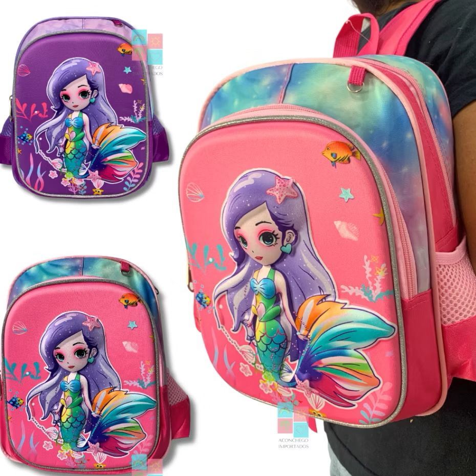 Mochila Infantil Sereia Escola Creche colégio Passeio 3D Menina