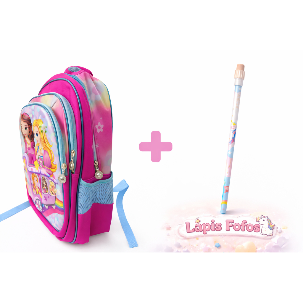 Mochila Escolar Infantil Princesa coelho sereias 3D + Lápis Fofo Kit Menina Escola Presente