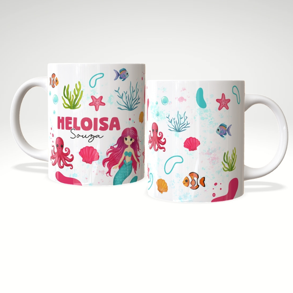 Caneca Infantil Personalizada com Nome Menina Unicórnio Sereia Escola Volta as Aulas