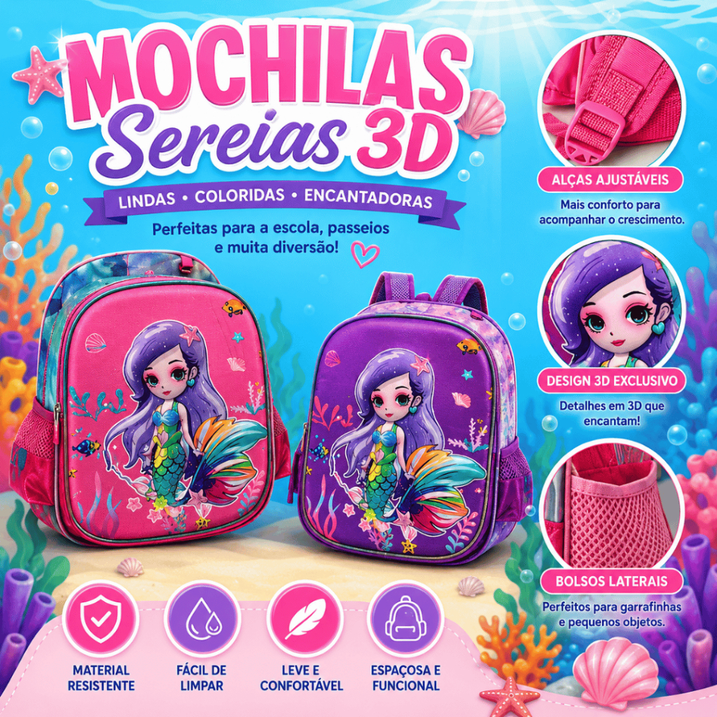 Mochila Infantil Sereia Escola Creche colégio Passeio 3D Menina