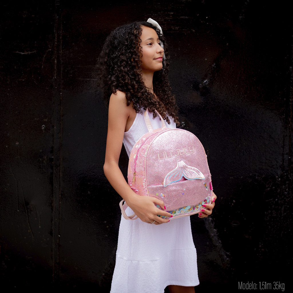 Mochila Feminina Infantil Escola Creche Juvenil Menina Glitter Brilhante Pequena Sereia Sweet Lili July
